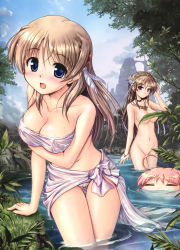 Rule 34 | 3girls, = =, absurdres, aiyoku no eustia, arm support, bekkankou, blue eyes, blush, bracelet, breast hold, breasts, brown hair, cameltoe, censored, cleavage, clothed female nude female, convenient censoring, covered erect nipples, day, eris floraria, eustia astraea, feather hair ornament, feathers, fione silvaria, flower, feather hair ornament, hairband, highres, jewelry, large breasts, long hair, multiple girls, nature, navel, nude, open mouth, outdoors, partially submerged, pink hair, purple eyes, sarong, sky, smile, submerged, thigh gap, thighs, wading, water, wide face