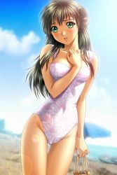 Rule 34 | 1girl, arm between breasts, beach, beach umbrella, between breasts, black hair, blush, breast hold, breasts, casual one-piece swimsuit, day, green eyes, hand on own chest, highres, kurio asuka, lens flare, nakamura nishiki, ocean, one-piece swimsuit, open mouth, outdoors, sodom no shima, solo, swimsuit, thigh gap, thighs, umbrella, water