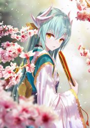 Rule 34 | 1girl, aqua hair, aqua kimono, bae.c, blurry, blurry background, blurry foreground, branch, brown eyes, commentary request, depth of field, dragon horns, fate/grand order, fate (series), fingernails, flower, folded fan, folding fan, from side, green hair, hair between eyes, hand fan, hand up, highres, holding, holding fan, horns, japanese clothes, kimono, kiyohime (fate), long hair, long sleeves, looking at viewer, looking to the side, parted lips, petals, pink flower, solo, straight hair, tassel, upper body, very long hair, white kimono, white sleeves, wide sleeves, yellow eyes