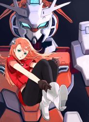 Rule 34 | 1girl, absurdres, adjusting clothes, aida rayhunton, boots, cleavage cutout, clothing cutout, g-arcane, gloves, green eyes, gundam, gundam g no reconguista, hair ornament, highres, jpeg artifacts, long hair, looking at viewer, mecha, open mouth, orange hair, parted lips, pink hair, robot, smile, solo, wing (wingho), zero gravity