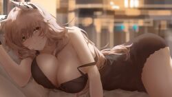 Rule 34 | 1girl, absurdres, alternate costume, animal ears, asimo (hakurei10201), black nightgown, blush, breasts, cleavage, girls&#039; frontline, girls&#039; frontline neural cloud, hand out of frame, highres, large breasts, long hair, looking at viewer, lying, nightgown, off shoulder, on side, persicaria (neural cloud), pink eyes, pink hair, smile, solo