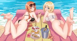 Rule 34 | 2girls, ass, barefoot, beach, bikini, blonde hair, blue eyes, feet, glass, highres, long hair, looking at viewer, looking back, lying, multiple girls, nelson (warship girls r), on stomach, one eye closed, open mouth, orange hair, rodney (warship girls r), smile, soles, sunglasses on head, swimsuit, toes, warship girls r