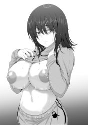 Rule 34 | 1girl, breasts, cleavage, clothes lift, distance, frown, gradient background, greyscale, highres, hood, hoodie, hoodie lift, huge breasts, large areolae, looking at viewer, monochrome, navel, nipples, original, puffy nipples, shirt, shirt lift, short hair, solo, sweat, tears