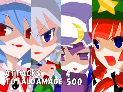 Rule 34 | 4girls, bad id, bad pixiv id, blue eyes, blue hair, braid, column lineup, crescent, cut-in, disgaea, face, fang, female focus, frown, hat, highres, hong meiling, immaterial and missing power, izayoi sakuya, ke-su, knife, multiple girls, no nose, open mouth, parody, patchouli knowledge, purple eyes, purple hair, red eyes, red hair, remilia scarlet, silver hair, slit pupils, smirk, star (symbol), touhou, twin braids