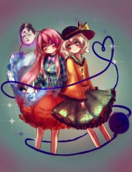 Rule 34 | 2girls, bad id, bad twitter id, blush, bow, bowtie, floral print, frilled skirt, frills, fukufukupine, green eyes, green hair, hannya, hat, hat bow, hata no kokoro, heart, heart of string, komeiji koishi, leaning on person, long hair, long sleeves, looking at another, mask, multiple girls, noh mask, oni mask, pink eyes, pink hair, plaid, plaid shirt, shirt, short hair, skirt, smile, sparkle, third eye, touhou