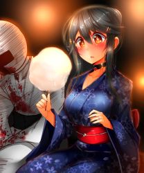 Rule 34 | + +, 10s, 1boy, 1girl, absurdres, admiral (kancolle), backlighting, bad id, bad nicoseiga id, black hair, blood, blood on clothes, blush, breasts, collar, collarbone, cotton candy, hair ornament, hairclip, haruna (kancolle), heart, highres, holding, japanese clothes, jewelry, kantai collection, kimono, large breasts, leaning forward, long hair, necklace, nosebleed, obi, open mouth, print kimono, ring, sash, sitting, tsukui kachou, upper body, wedding band, yukata