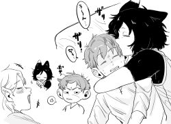 Rule 34 | 1boy, 2boys, animal ears, arms around neck, body fur, cat ears, cat girl, chilchuck tims, clenched teeth, closed eyes, cross, cross necklace, dungeon meshi, greyscale, highres, hug, izutsumi, jewelry, laughing, licking, licking another&#039;s face, licking hand, lying, marcille donato, monochrome, monster girl, multiple boys, multiple views, necklace, nemnem 11199, on back, on side, open mouth, pillow, short hair, simple background, tank top, teeth, very short hair, white background