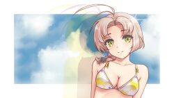 Rule 34 | 1girl, antenna hair, bare arms, bare shoulders, bikini, breasts, cleavage, closed mouth, collarbone, floral print, green eyes, grey hair, highres, kantai collection, kinugasa (kancolle), large breasts, looking at viewer, official alternate costume, print bikini, short hair, smile, solo, swimsuit, upper body, vorisar, yellow bikini