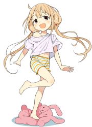 Rule 34 | 1girl, :d, bare legs, barefoot, bike shorts, blonde hair, brown eyes, commentary request, full body, futaba anzu, idolmaster, idolmaster cinderella girls, long hair, looking at viewer, low twintails, mirakichi, open mouth, shirt, simple background, smile, solo, striped bike shorts, striped clothes, stuffed animal, stuffed rabbit, stuffed toy, t-shirt, twintails, white background, white shirt