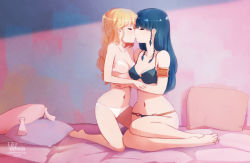 Rule 34 | 2girls, armlet, artist name, bare legs, barefoot, bed, black bra, blonde hair, blue hair, blue nails, bra, braid, breasts, collarbone, commentary, english commentary, closed eyes, hands on another&#039;s arms, indoors, kiss, kneeling, little viktoria, long hair, medium breasts, multiple girls, nail polish, navel, on bed, original, panties, pillow, sitting, underwear, underwear only, watermark, web address, white bra, white panties, yuri