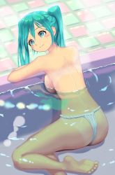Rule 34 | 00s, 1girl, aqua eyes, aqua hair, ass, back, backboob, bare back, barefoot, blush, breast press, breasts, closed mouth, feet, hatsune miku, highres, koba (furikake-p), light smile, long hair, matching hair/eyes, medium breasts, panties, partially submerged, solo, tiles, topless, twintails, underwear, vocaloid, water, wet