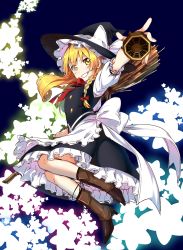 Rule 34 | 1girl, apron, black hat, black skirt, black vest, blonde hair, blue background, blush, boots, bow, bowtie, braid, broom, brown footwear, cross-laced footwear, danmaku, flat chest, flying, foreshortening, frilled sleeves, frills, full body, glowing, grin, hair ribbon, hat, hat bow, high heel boots, high heels, highres, holding, holding broom, kirisame marisa, knee boots, ksk (semicha keisuke), lace-up boots, large bow, long hair, looking at viewer, outstretched arm, parted lips, petticoat, puffy short sleeves, puffy sleeves, red bow, red bowtie, red ribbon, ribbon, short sleeves, simple background, single braid, skirt, smile, solo, star (symbol), teeth, touhou, vest, waist apron, white apron, white bow, witch hat, yellow eyes
