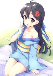 Rule 34 | 10s, 1girl, ayanokoji himeno, bad id, bad pixiv id, bare shoulders, black hair, breasts, brown eyes, cleavage, flower, hair flower, hair ornament, japanese clothes, kimono, long hair, looking at viewer, love live!, love live! school idol festival, love live! school idol project, medium breasts, mimura zaja, off shoulder, open mouth, rose, sitting, solo, twitter username