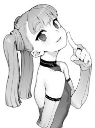 Rule 34 | 1girl, aya shachou, bare shoulders, bodysuit, breasts, bridal gauntlets, from side, greyscale, hand up, index finger raised, looking at viewer, looking to the side, monochrome, original, parted lips, simple background, small breasts, smile, solo, twintails, upper body, white background