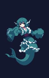 Rule 34 | 1girl, 4qw5, black background, black eyes, blue hair, closed mouth, fins, frilled kimono, frills, full body, green kimono, head fins, highres, japanese clothes, kimono, long sleeves, looking at viewer, mermaid, monster girl, pixel art, short hair, simple background, solo, touhou, wakasagihime