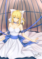 Rule 34 | 1girl, ahoge, artoria pendragon (fate), bare shoulders, blonde hair, breasts, cage, dress, fate/stay night, fate (series), female focus, green eyes, hair ribbon, highres, meinly, ribbon, saber (fate), signature, solo, strapless, strapless dress