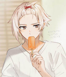 Rule 34 | 1boy, blonde hair, brown eyes, food, hair ornament, hairclip, holding, holding food, hot, idolish7, kujou tenn, male focus, melting, popsicle, shirt, solo, t-shirt, translation request, unapoppo, upper body, white shirt