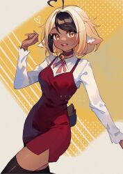 Rule 34 | 1girl, ahoge, animal ear fluff, animal ears, arm up, black hair, black thighhighs, blonde hair, blush, bow, bowtie, breasts, commentary, commission, cowboy shot, dark skin, dress, english commentary, heart, heart ahoge, highres, hyanna-natsu, long sleeves, looking at viewer, multicolored hair, open mouth, original, patterned background, red dress, shirt, shirt under dress, short dress, sleeveless, sleeveless dress, small breasts, smile, solo, spoken heart, tail, teeth, thighhighs, two-tone hair, upper teeth only, white shirt