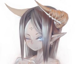 Rule 34 | 1girl, bare shoulders, blue eyes, brown hair, demon girl, earrings, facial mark, forehead mark, highres, horns, jewelry, necklace, one eye closed, original, pointy ears, portrait, rugure, solo, tattoo