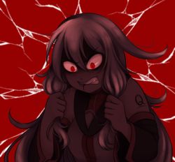 Rule 34 | 1girl, @ @, angry, bare shoulders, blood, blood from mouth, broken glass, chanpotei, clenched hands, clenched teeth, constricted pupils, detached sleeves, fang, glass, glass shards, hand in own hair, highres, long hair, long sleeves, messy hair, narrowed eyes, red background, red eyes, school uniform, serafuku, shaded face, shadow, solo, sukone tei, teeth, utau, white hair, yandere