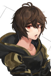 Rule 34 | 1boy, ahoge, brown hair, commentary request, expressionless, granblue fantasy, hair between eyes, hood, hood down, light blush, looking at viewer, male focus, messy hair, open mouth, parted lips, red eyes, sandalphon (granblue fantasy), short hair, solo, tekki (tki), upper body, white background