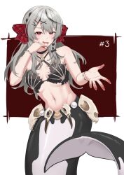 Rule 34 | 1girl, bikini, black bikini, black choker, black hair, blood, blood on hands, blood on mouth, bow, braid, breasts, cetacean tail, choker, criss-cross halter, fins, fish tail, grey hair, hair bow, hair ornament, halterneck, highres, hololive, large breasts, looking at viewer, mermaid, monster girl, multicolored hair, open mouth, red bow, red eyes, revok, sakamata chloe, skeleton print, streaked hair, swimsuit, tail, virtual youtuber, x hair ornament