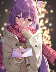 Rule 34 | 1girl, absurdres, amco, blush, braid, casual, coat, double bun, genshin impact, hair bun, hair ornament, hairclip, heart, highres, keqing (genshin impact), letter, long hair, long sleeves, looking to the side, love letter, purple eyes, purple hair, red scarf, scarf, sleeves past wrists, solo, sweater, tsundere, twintails, winter clothes, winter coat