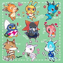 Rule 34 | !, 3girls, 6+boys, 73 (naa), animal crossing, antlers, apple, apple (animal crossing), arm up, bam (animal crossing), bandana, beau (animal crossing), bird, black eyes, blue hair, blue shirt, brown eyes, bug box, butterfly net, chicken, chief (animal crossing), closed eyes, cup, deer, diana (animal crossing), dress, eyelashes, food, freckles, fruit, furry, furry female, furry male, green jacket, hamster, hand net, heart, holding, holding butterfly net, holding cup, holding food, holding fruit, hooves, horns, jacket, julian (animal crossing), ken (animal crossing), leaf, maple leaf, mask, mira (animal crossing), multiple boys, multiple girls, nintendo, open mouth, orange mask, penguin, red bandana, roald (animal crossing), shirt, signature, smile, striped clothes, striped shirt, translation request, white dress