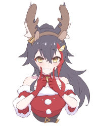 Rule 34 | 1girl, alternate costume, animal ears, bare shoulders, bell, belt, black belt, black hair, blush, breasts, choker, commentary, cropped torso, dress, eihire, eyelashes, fake antlers, fingers to cheeks, fur-trimmed dress, fur trim, gloves, grin, hair between eyes, hair ornament, highres, hololive, index finger raised, long hair, looking at viewer, medium breasts, multicolored hair, neck bell, off-shoulder dress, off shoulder, ookami mio, pom pom (clothes), ponytail, red choker, red dress, red gloves, red hair, santa costume, santa dress, simple background, smile, solo, streaked hair, teeth, two-tone hair, upper body, virtual youtuber, white background, wolf ears, yellow eyes