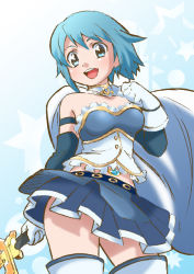Rule 34 | 1girl, :d, arm at side, armpit crease, bare shoulders, belt, blue background, blue belt, blue eyes, blue hair, blue skirt, breasts, buttons, cape, cape lift, clenched hand, clothes lift, contrapposto, cowboy shot, detached sleeves, frills, gloves, gradient background, hair between eyes, hand up, happy, hikari (mitsu honey), holding, holding sword, holding weapon, looking at viewer, mahou shoujo madoka magica, mahou shoujo madoka magica (anime), midriff, miki sayaka, open mouth, pleated skirt, polka dot, polka dot background, short hair, simple background, skirt, small breasts, smile, solo, soul gem, star (symbol), starry background, strapless, sword, tareme, teeth, thighhighs, thighs, upper teeth only, weapon, white background, white cape, white gloves, white thighhighs, zettai ryouiki