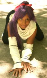Rule 34 | airbrushed, all fours, bare shoulders, bleach, cosplay, dark skin, elbow gloves, gloves, justnivi, long hair, looking at viewer, photo (medium), ponytail, purple hair, scarf, shihouin yoruichi, shihouin yoruichi (cosplay), smile, spandex