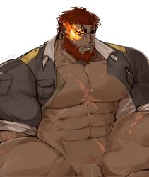 Rule 34 | 1boy, abs, artist request, bara, bare pectorals, beard, bottomless, dark-skinned male, dark skin, eyebrow cut, facial hair, feet out of frame, flaccid, flaming eye, hephaestus (housamo), highres, jacket, large areolae, large pectorals, looking at viewer, male focus, male pubic hair, mature male, muscular, muscular male, navel, nipples, open clothes, open jacket, out-of-frame censoring, pectorals, pubic hair, puffy nipples, red eyes, scar, scar on chest, short hair, solo, tearing up, thick eyebrows, thick thighs, thighs, tokyo houkago summoners, unzipped, very dark skin