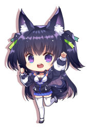Rule 34 | 1girl, :d, animal ear fluff, animal ears, arm up, black footwear, black hair, black jacket, blue skirt, breasts, capura lin, chibi, cleavage, clenched hands, drop shadow, full body, green ribbon, guild cq, hair ribbon, hand up, headphones, headphones around neck, headset, jacket, long hair, long sleeves, looking at viewer, medium breasts, open mouth, pleated skirt, puffy long sleeves, puffy sleeves, purple eyes, quon tama, ribbon, shoes, skirt, smile, solo, standing, standing on one leg, tail, teeth, thighhighs, two side up, upper teeth only, very long hair, virtual youtuber, white background, white thighhighs