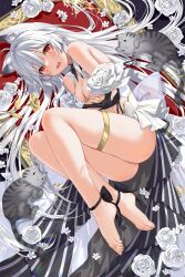 Rule 34 | 1girl, absurdres, ahoge, animal ear fluff, animal ears, ankle ribbon, ass, bare shoulders, barefoot, black ribbon, breasts, cat, cat ears, cat girl, character request, cleavage, devil heavens, embarrassed, empty picture frame, feet, fetal position, flower, highres, leg ribbon, light blush, long hair, looking at viewer, lying, medium breasts, nail polish, no shoes, on side, open mouth, original, picture frame, red eyes, ribbon, rose, solo, thigh strap, thighs, toenail polish, toenails, toes, very long hair, virtual youtuber, white flower, white hair, white rose