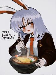 Rule 34 | 1girl, animal ears, blush, bowl, brown coat, chopsticks, coat, collared shirt, commentary request, crescent, crescent pin, cropped torso, facing viewer, food, grey background, hair over shoulder, hell0120, highres, holding, holding chopsticks, long hair, necktie, noodles, open clothes, open coat, open mouth, parted bangs, purple hair, rabbit ears, rabbit girl, ramen, red eyes, red necktie, reisen udongein inaba, shirt, shrimp, shrimp tempura, sideways glance, simple background, smile, straight-on, tempura, touhou