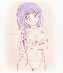 Rule 34 | &gt;:(, 1girl, puff of air, bathroom, blush, bra, breasts, cleavage, closed mouth, cowboy shot, frown, hair down, hair over shoulder, highres, medium breasts, new game!, nullken, panties, purple eyes, purple hair, sigh, solo, suzukaze aoba, toilet, underwear, underwear only, v-shaped eyebrows, white bra, white panties
