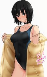 Rule 34 | 1girl, amagami, black choker, black hair, black one-piece swimsuit, breasts, brown eyes, choker, coat, commentary, competition swimsuit, expressionless, highres, jacket, looking at viewer, medium breasts, nanasaki ai, one-piece swimsuit, solo, swimsuit, swimsuit under clothes, undressing, white background, winter clothes, winter coat, yellow jacket, yoo tenchi