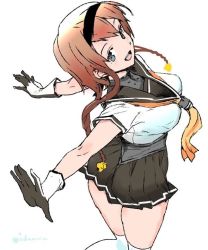 Rule 34 | 1girl, ass, black headband, black sailor collar, black skirt, braid, commentary request, corset, from above, from behind, grey eyes, hachimaki, hair ornament, hairband, headband, igarashi mangou, kantai collection, light brown hair, long hair, looking at viewer, neckerchief, outstretched arms, pleated skirt, propeller hair ornament, sailor collar, school uniform, serafuku, simple background, skirt, solo, teruzuki (kancolle), twin braids, white background, yellow neckerchief