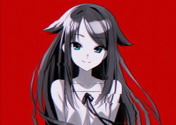 Rule 34 | 1girl, asada hachi, closed mouth, collarbone, commentary, dress, glitch, green eyes, hair flaps, long hair, partially colored, red background, ribbon, saya (saya no uta), saya no uta, simple background, sleeveless, sleeveless dress, smile, solo, sundress, twitter username, upper body, very long hair, watermark