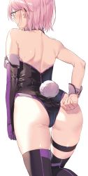 Rule 34 | 1girl, adjusting clothes, ass, bare arms, bare shoulders, black-framed eyewear, black leotard, black thighhighs, detached collar, elbow gloves, fake tail, fate/grand order, fate (series), from behind, glasses, gloves, highres, kuroki (ma-na-tu), leg up, leotard, mash kyrielight, pink hair, playboy bunny, rabbit tail, short hair, simple background, single elbow glove, single glove, solo, tail, thigh strap, thighhighs, two-tone gloves, white background, wrist cuffs
