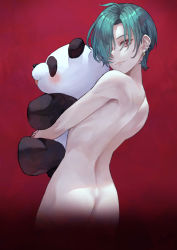 Rule 34 | 1other, ahoge, ass, brown eyes, closed mouth, commentary request, completely nude, ear piercing, from behind, green hair, hair over one eye, highres, kaoming, looking at viewer, looking back, nijisanji, nude, hugging object, one eye covered, other focus, piercing, red background, ryuushen, short hair, simple background, smile, solo, stuffed animal, stuffed panda, stuffed toy, virtual youtuber