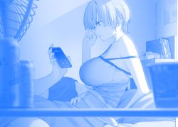 Rule 34 | 1boy, 1girl, alarm clock, bed, beer can, blanket, blue theme, breasts, camisole, can, cellphone, cleavage, clock, commentary request, drink can, electric fan, family portrait, getsuyoubi no tawawa, highres, himura kiseki, large breasts, phone, picture frame, short hair, smartphone, strong zero