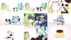 Rule 34 | &gt; &lt;, 2girls, apron, aqua eyes, aqua hair, blood, blush stickers, chef hat, chibi, cooking, detached sleeves, closed eyes, goggles, goggles on head, green eyes, green hair, gumi, hat, hatsune miku, headphones, long hair, multiple girls, panda, pudding, punching, saliva, striped, twintails, vocaloid, whisk, yamako (state of children)