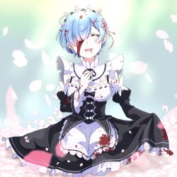 Rule 34 | 1girl, blood, blood on face, blue hair, bow, breasts, cleavage, closed eyes, commentary request, detached sleeves, dress, dress bow, eyelashes, frills, hair ornament, hair over one eye, hair ribbon, happy, highres, maid, maid headdress, open mouth, petals, pon yui, re:zero kara hajimeru isekai seikatsu, rem (re:zero), ribbon, short hair, smile, solo, tongue, x hair ornament