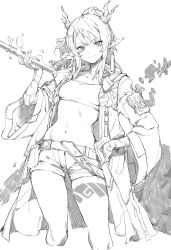 Rule 34 | 1girl, arknights, belt, closed mouth, earrings, greyscale, hand on own hip, highres, holding, horns, jacket, jewelry, leg tattoo, monochrome, navel, nian (arknights), pointy ears, ponytail, pouch, shisantian, short shorts, shorts, sketch, smile, solo, tattoo