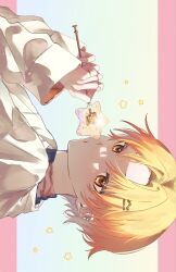 Rule 34 | 1boy, blonde hair, ear piercing, forehead, hair intakes, hair ornament, hairpin, highres, holding, holding wand, long sleeves, looking at viewer, open mouth, piercing, project sekai, sanma gy, short hair, solo, star (symbol), tenma tsukasa, upper body, wand, yellow eyes
