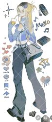 Rule 34 | 1girl, bag, belt, black footwear, black pants, blonde hair, blue gloves, blue jacket, brown eyes, cassette tape, cellphone, chinese commentary, commission, crop top, cup, detached sleeves, disposable cup, eterno-11, fingerless gloves, from behind, full body, gloves, grey belt, heart, highres, holding, holding cup, jacket, long hair, looking at viewer, looking back, musical note, original, pants, phone, solo, sparkle, star (symbol), watermark, white background