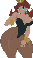 Rule 34 | 1girl, ass, breasts, cleavage, crown, curvy, earrings, flower earrings, highres, huge ass, jewelry, large breasts, legs, leotard, mario (series), nintendo, noblood (ryandomonica), princess daisy, solo, super mario land, thick thighs, thighs