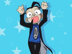 1boy ^_^ animated animated_gif arms_up black_hair blue_background caramelldansen closed_eyes dancing dib_(invader_zim) fawfulydoo glasses invader_zim male_focus open_mouth pants shirt short_hair smile solo star_(symbol)