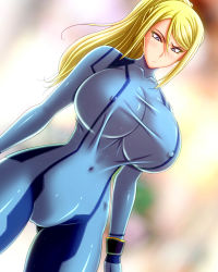 Rule 34 | 1girl, 286c, :/, alternate breast size, arms at sides, blonde hair, blue eyes, blurry, bodysuit, bracelet, breasts, covered collarbone, covered erect nipples, covered navel, cowboy shot, depth of field, dutch angle, female focus, gloves, hair between eyes, high ponytail, highres, hip focus, huge breasts, jewelry, long hair, looking down, metroid, nintendo, pilot suit, ponytail, samus aran, shiny clothes, sidelocks, skin tight, solo, standing, super smash bros., swept bangs, taut clothes, turtleneck, wide hips, zero suit